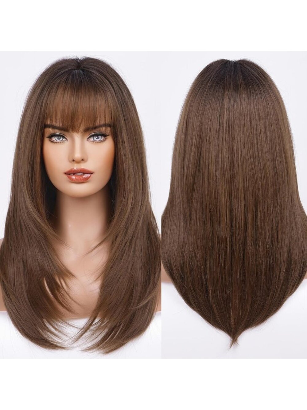 Women's Dark Brown2 Heat Resistant Long Curly Wavy Synthetic Wig Bang Size 26In